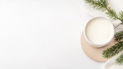 Warm Milk with Fir Branches Minimalist Bright Photography High-Resolution Overhead View Soft Textures Cozy Winter Beverage White Background Serene Mood Ideal for Holiday Greetings