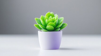 A vibrant green succulent plant in a small white pot, placed on a clean white surface with a soft gray background, and minimalistic composition.