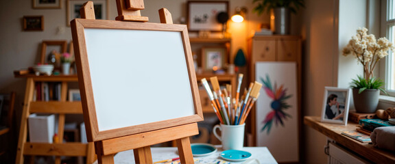 Framed water quote on easel in art studio, creativity and inspiration