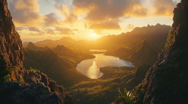 Golden sunset over a tranquil valley nestled amongst tropical mountains