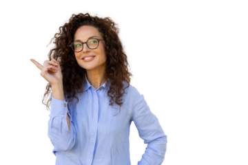 Cheerful businesswoman wearing glasses pointing finger showing something on transparent background