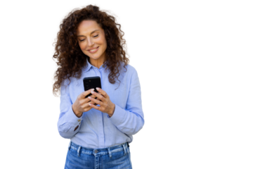 Happy businesswoman reading a message on her smartphone with transparent background