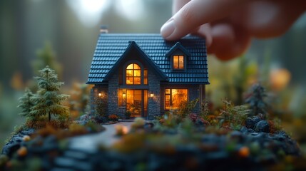 Cozy Miniature Home in a Forest Setting with Warm Lighting and Human Interaction