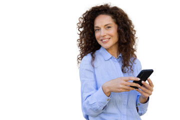 Cheerful businesswoman with curly hair using smartphone on transparent background, ideal for communication and technology concepts