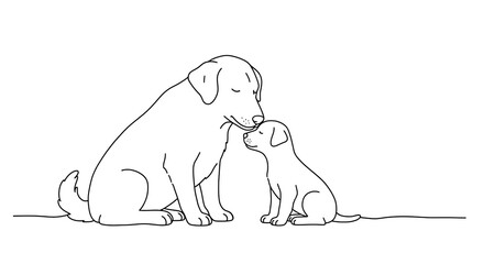 Touching line art: A serene moment of canine affection between mother and puppy