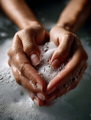 Close-Up of Hands Holding Soap Suds Above Water with Gentle Lighting