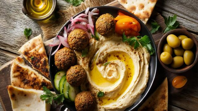 Falafel plate with creamy hummus, pita bread, olives and egg