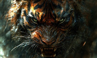 Close-up of a snarling tiger, wet fur, intense gaze