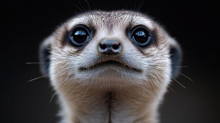 Close-up portrait of a meerkat's inquisitive face.  Large, expressive eyes and a focused gaze.  Soft, light-brown fur.  Dark background emphasizing the animal's features