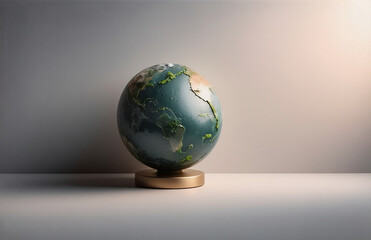 A small, detailed globe rests on a gold stand, set against a plain, light background.  Soft light emphasizes the globe's continents and oceans in a simple studio setup.