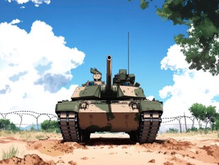 Tank on Dirt Road, Sunny Landscape