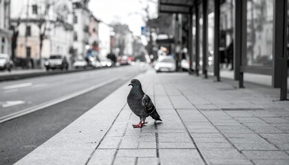 A single pigeon on a quiet city sidewalk near an empty bus stop.   © Abdurrahman Tahir