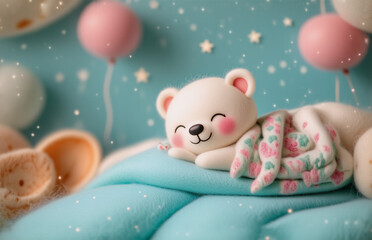 A cute, smiling, white bear rests on a blue cloud with a floral blanket, surrounded by pastel balloons and stars. Dreamy atmosphere, whimsical and warm.