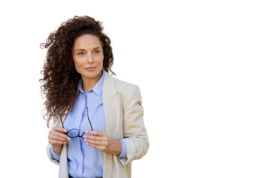 Professional woman wearing glasses, gazing thoughtfully beside transparent surface - Powered by Adobe