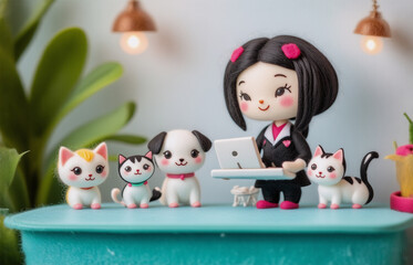 Naklejka premium Adorable polymer clay figurine of a girl in business attire working on a laptop, surrounded by three cute animal figurines; cat, dog and cat. A miniature office scene.