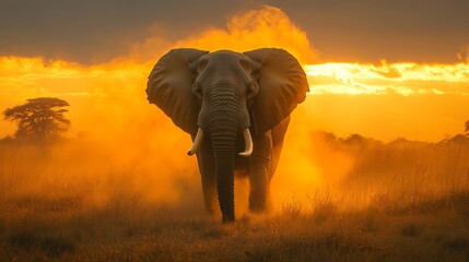 Obraz premium Powerful African elephant standing in the golden savanna at sunset massive tusks gleaming textured skin details dramatic lighting dust rising around its feet ultra HD wildlife photography style