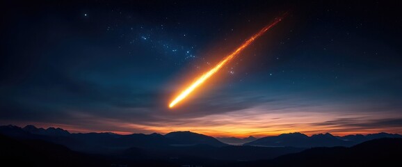 Dramatic meteor streaking across night sky with mountain backdrop orange light space travel
