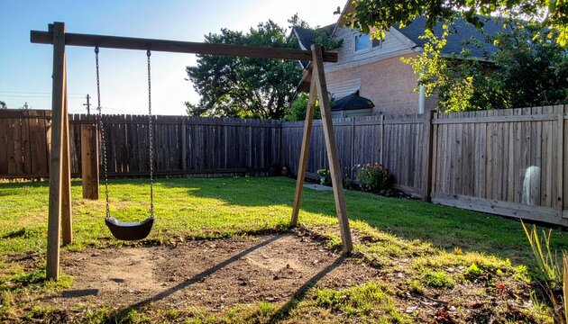 A solitary swing swaying in an empty backyard.