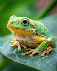 Fototapeta premium A colorful green frog sits calmly on a glossy leaf, surrounded by rich foliage in a tropical rainforest. The sunlight dapples through the trees, highlighting its features.