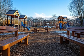 A playground in a park with multiple play structures