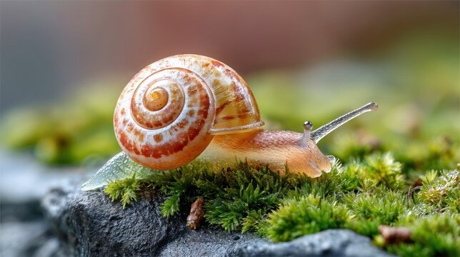A vibrant snail glides over soft green moss, its spiral shell shimmering in the gentle morning light, surrounded by the serenity of a peaceful garden setting.