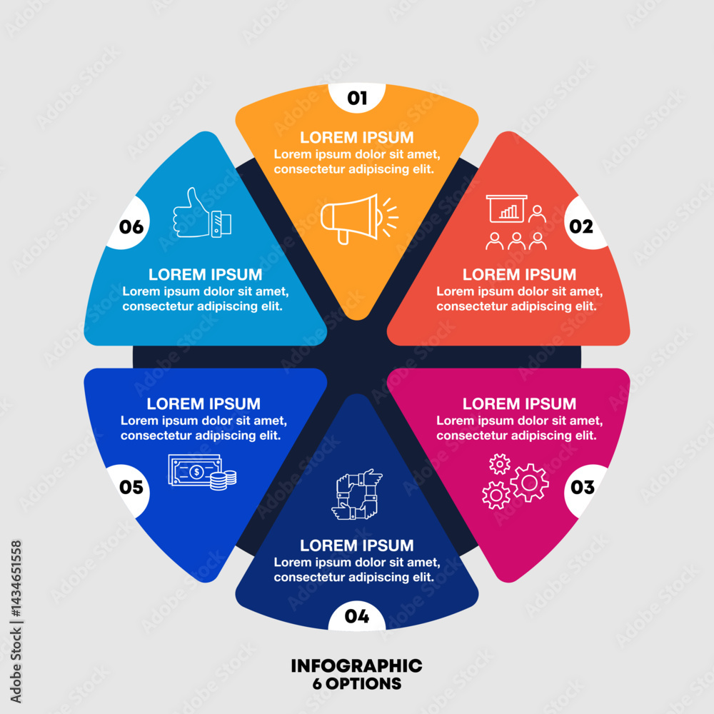Poster infographic circular diagram with 6 options. round chart that can be used for business analytics, da