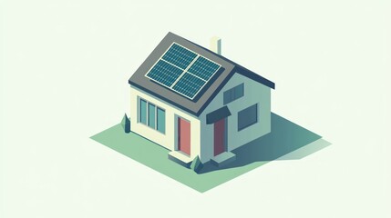 Suburban house, solar panels, green lawn, energy efficiency, eco-friendly home illustration