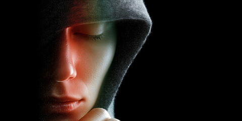 A person in a hoodie with their eyes closed, bathed in a soft light. The scene evokes a sense of introspection, tranquility, and serenity.