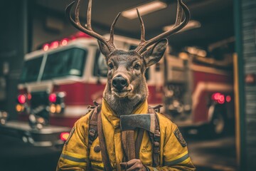 A surreal image of a deer-headed firefighter holding an axe, standing in front of a vintage fire truck, showcasing a unique and imaginative character concept.