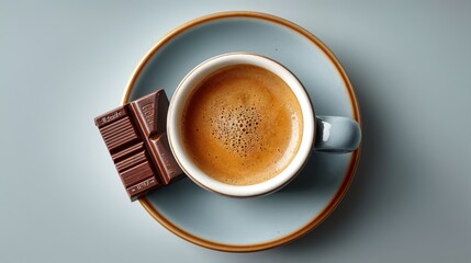 Beneath soft lighting, a steaming cup of coffee rests on a pastel blue plate, accompanied by a luscious piece of chocolate, creating a delightful midday break.