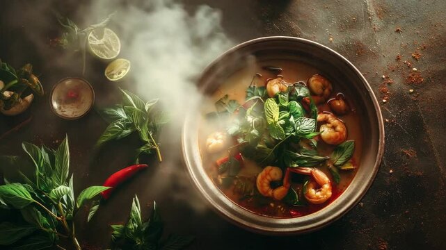 Orbiting view of steaming Tom Yum soup with shrimp and fresh herbs
