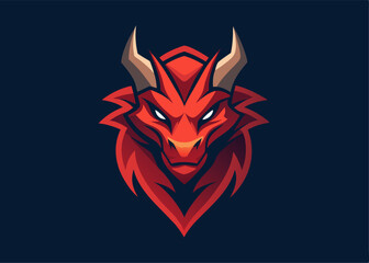 Obraz premium Crimson Dragon Emblem: A striking red dragon emblem, its sharp gaze and menacing horns capturing the raw power and mystique of the mythical beast against a deep blue background.