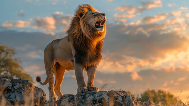 Powerful African lion roaring atop a rocky outcrop golden mane catching the sunset glow ultra HD wildlife portrait - Powered by Adobe