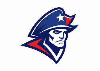 American Patriot Logo: A bold and striking illustration of an American patriot in a blue tricorne hat with a white star, sporting a determined look. This iconic symbol embodies American freedom.