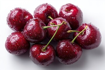 Fresh Red Cherries with Water Droplets on White Background Closeup