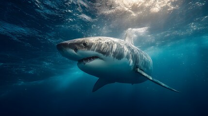 Fototapeta premium Great White Shark Underwater: A powerful great white shark glides gracefully beneath the ocean's surface, its sleek form illuminated by sunlight filtering through the water.
