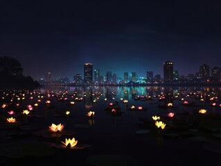 Glowing lotus flowers on lake at night 