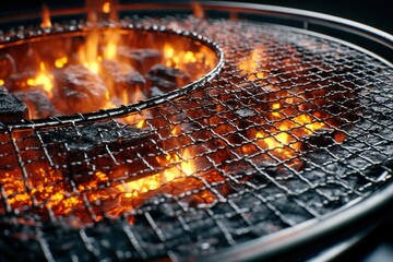 Close-up of a grill ablaze with hot charcoal and flames, ready for a barbecue, showcasing the heat and the grilling process for outdoor cooking.