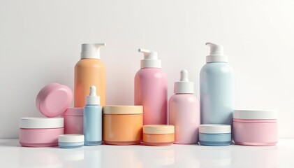 Assortment of cosmetic containers on pristine white backdrop, background, mock-up, different