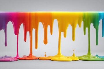 A vibrant display of colorful paint cascading downwards, a spectrum of hues blending to create an abstract, liquid art masterpiece against a plain light gray backdrop.