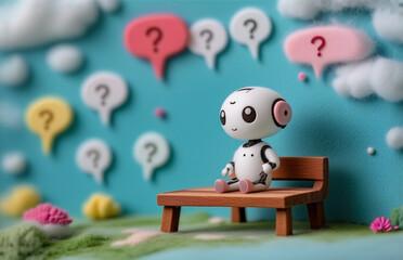 A curious robot sits on a small wooden bench, pondering questions. Question marks float above its head, indicating thoughts. The scene is set in a whimsical, creative environment. Hints: The image is 