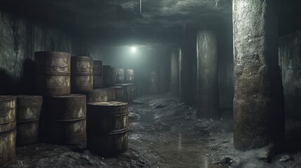 Dark Atmospheric Underground Storage with Rusty Barrels and Pillars Illuminated by a Single Li
