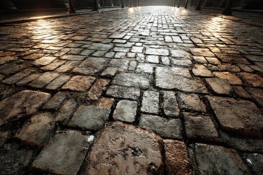 A close-up view of a wet cobblestone street, reflecting the soft light of the city, creating a textured and atmospheric scene, with a romantic urban feel.