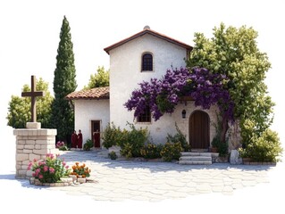 Fototapeta premium Small chapel in courtyard, sunny day, tranquil scene
