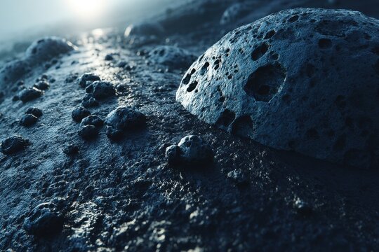 A captivating close-up of a rough and cratered alien planet surface illuminated by distant light, creating an otherworldly, surreal, and mysterious atmosphere.