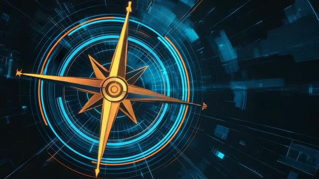 Abstract golden compass rose spinning within a network of glowing blue data circles and fragments on a dark digital background.