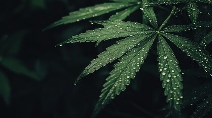 Fototapeta premium Dewy Cannabis Leaves in Dark Outdoors