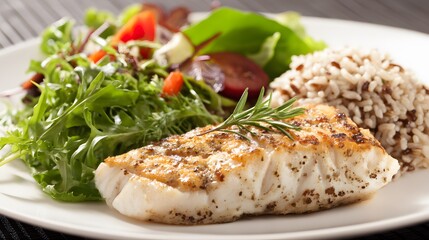 Healthy Dish: A delectable and photorealistic composition features a perfectly grilled fillet of fish, surrounded by a fresh garden salad, alongside a portion of wholesome brown rice.
