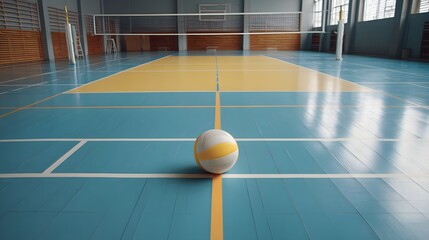 Volleyball on Court: A solitary volleyball rests in the center of a vibrant court, capturing the anticipation of a game about to commence.
