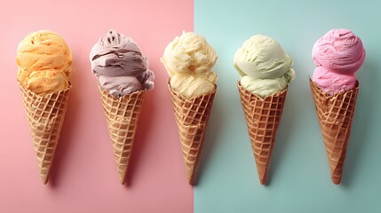 Variety of ice cream cones with colorful flavor in a sweet and refreshing scene. Perfect for dessert enthusiasts. 